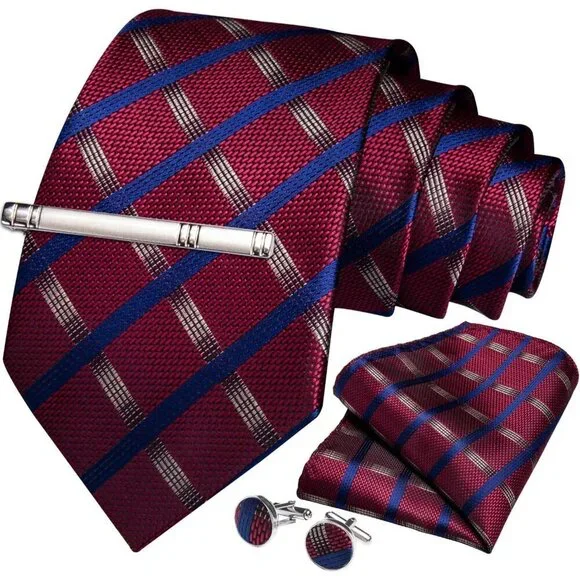 🆕Men Red Plaid Silk Checkered Necktie Pocket Square Cufflinks Tie Clip Set